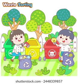Cartoon Kids in Waste Sorting Character.