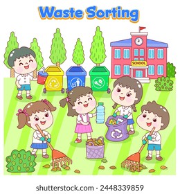 Cartoon Kids in Waste Sorting Character.