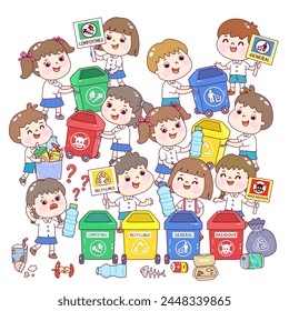 Cartoon Kids in Waste Sorting Character.