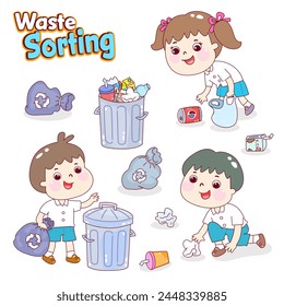 Cartoon Kids in Waste Sorting Character.