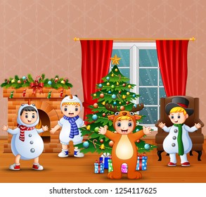 Cartoon of kids wearing different costumes in the christmas day