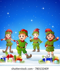 Cartoon kids wearing elf costume in the winter background with balls