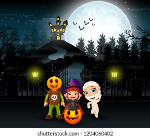 Cartoon of kids wearing halloween costume with a background of full moon