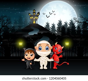 Cartoon of kids wearing halloween costume with a background of full moon