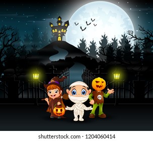 Cartoon of kids wearing halloween costume with a background of full moon