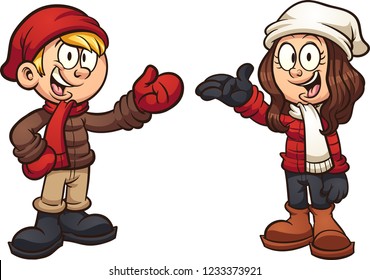 Cartoon kids wearing winter clothes. Vector clip art illustration with simple gradients. Each element on a separate layer.