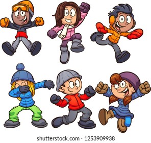 Cartoon kids in winter clothes. Vector clip art illustration with simple gradients. Each on a separate layer.
