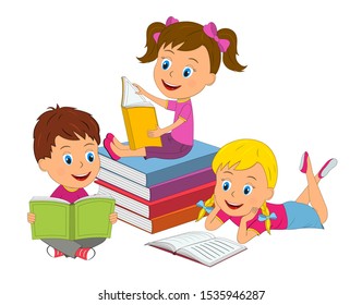 Kids Reading Books Enjoying Literature Set Stock Vector (Royalty Free ...