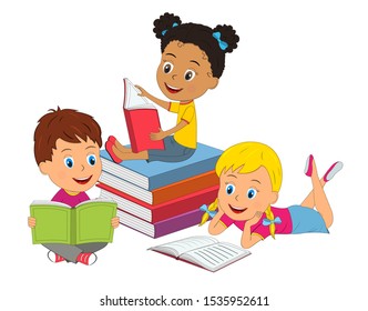 Cartoon Kidsboy Girls Read Books Illustration Stock Vector (Royalty Free)  1535952611