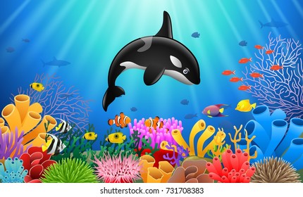 Cartoon killer whale with Coral Reef Underwater in Ocean. Vector illustration