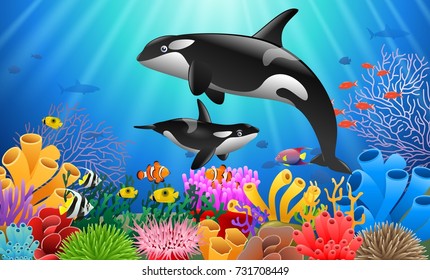 Cartoon killer whale with Coral Reef Underwater in Ocean. Vector illustration