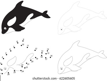 Cartoon killer whale. Dot to dot educational game for kids