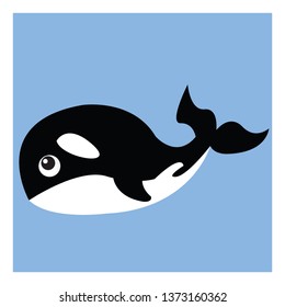 Cartoon of a killer whale sea animal against a blue background that feeds on fish and other species of dolphin vector color drawing or illustration 