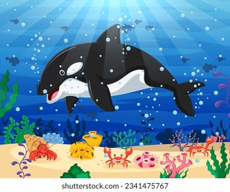 Ballenas asesinas de dibujos animados nadando en el océano. Ilustración del vector