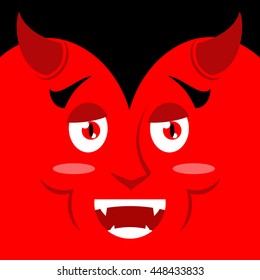 Cartoon kind good devil face on red background. Joy of Satan emotion. Optimistic demon with big smile. Cheerful Holiday Diablo