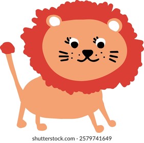 Cartoon kind lion. Clip art african animal. Hand drawn friendly character for children's product design. Cute wild big cat for kids. Lion has a big orange mane. Simple flat color vector illustration.