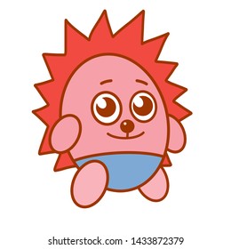 Cartoon kind pink hedgehog in blue pants is standing on a white background.