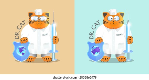 Cartoon kind smiling fat ginger cat doctor in a white robe with a large syringe and a shield. Children's vaccination poster. T shirt design
