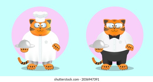 Cartoon Kind Smiling Fat Ginger Cats Chef And Waiter With A Tray