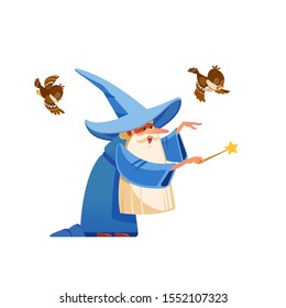 Cartoon kind wizard character. Old witch man in wizards robe, magician warlock and magic medieval sorcerer merlin, male witchcraft in hat and mantle. Cartoon style vector isolated illustration