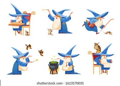 Cartoon kind wizard character. Old witch man in wizards robe, magician warlock and magic medieval sorcerer merlin, male witchcraft in hat and mantle. Cartoon style vector isolated illustration