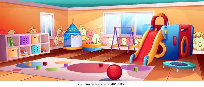 Cartoon kindergarten or children club. Kids playroom interior with slide, swing, trampoline, dry pool with balls. Empty indoors playground, game room in play park. Daycare with toys and child carpet.