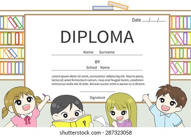 Cartoon Kindergarten and elementary school children Diploma certificate with library background design template layout with sample text, create by vector 
