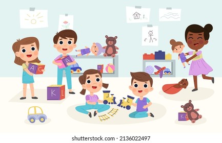 Cartoon kindergarten kids play together. Children in playroom play toys vector illustration. Kids kindergarten activities cute, girl and boy