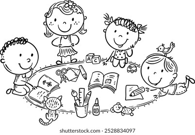 Cartoon kindergarten kids playing on the carpet. Children do creative activity. Little boys and girls enjoy crafting together. Outline illustration, coloring page