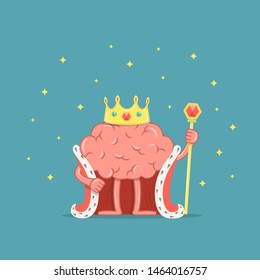 Cartoon king brain character. Brain with crown and royal mantle. Vector illustration in flat style.