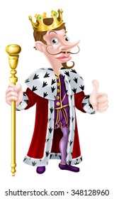 Cartoon king character illustration wearing a crown, with golden sceptre giving thumbs up