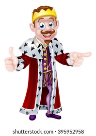 Cartoon king character illustration wearing a crown pointing with one hand and giving a thumbs up with the other