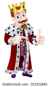 Cartoon king character wearing a crown giving a thumbs up with one hand and pointing with the other