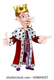 A cartoon king character wearing a crown pointing with one hand and giving a thumbs up with the other