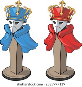 cartoon king chess piece with crown and mask