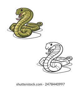 Cartoon king cobra drawing with line art style. Simple design outline style. On white background. You can change color you want. Easy to edit. Vector illustration