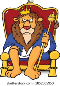 Cartoon King of the Jungle Lion on his throne isolated on white