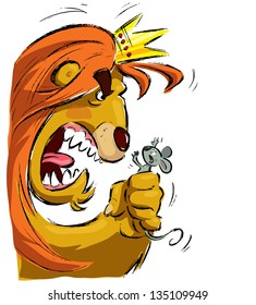 Cartoon king lion with crown holding a tiny mouse in its fist frightening it