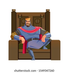 Cartoon King. Majesty happy king character on the throne, wearing crown and mantle, cartoon vector illustration isolated in white background.