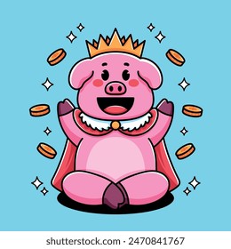 Cartoon king pig with crown and coins