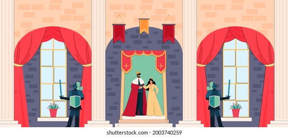 Cartoon king and queen inside medieval castle. Knights or guards protecting royals, palace interior flat vector illustration. Monarchy, fairytale concept for banner, website design or landing page