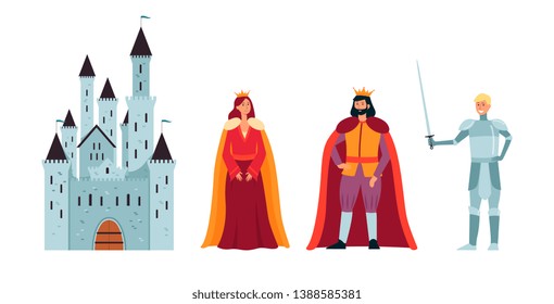 Cartoon king queen and knight in front of a castle. Set of medieval royal characters in fantasy kingdom, knight in armor and prince and princess, isolated flat vector illustration on white background