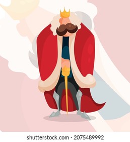 A cartoon king in a red fur coat with a golden cane, a crown on his head and a big mustache in the style of gamedev