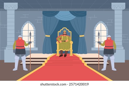 Cartoon king sits on throne. Ruler in throne room, fabulous characters, medieval castle interior, palace hall, guards, vector illustration