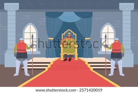 Cartoon king sits on throne. Ruler in throne room, fabulous characters, medieval castle interior, palace hall, guards, vector illustration
