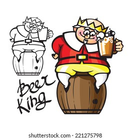 Cartoon king sitting on a barrel and holding a mug of beer