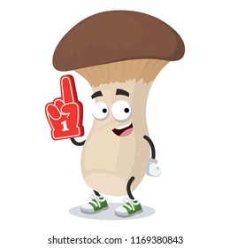cartoon king trumpet mushroom character mascot with the number 1 one sports fan hand glove on a white background