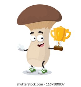 cartoon king trumpet mushroom mascot holds the number one cup on white background