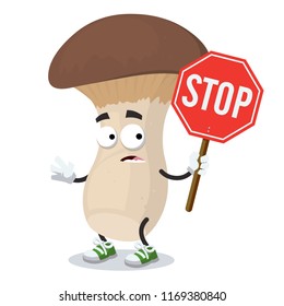 cartoon king trumpet mushroom mascot with tablet stop in hand on white background