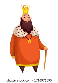 Cartoon king wearing crown and mantle. Fat king